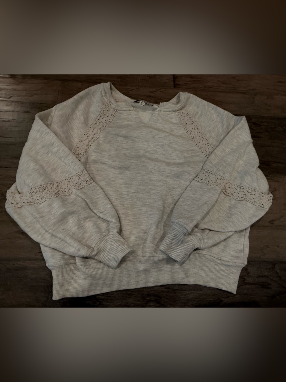 Francesca's Collections Light Gray Lace-Trim Crewneck Sweater